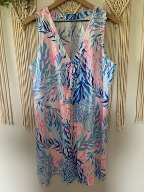 LILLY PULITZER Amina Swing Dress Kaleidoscope Coral 100% Cotton  Size Large